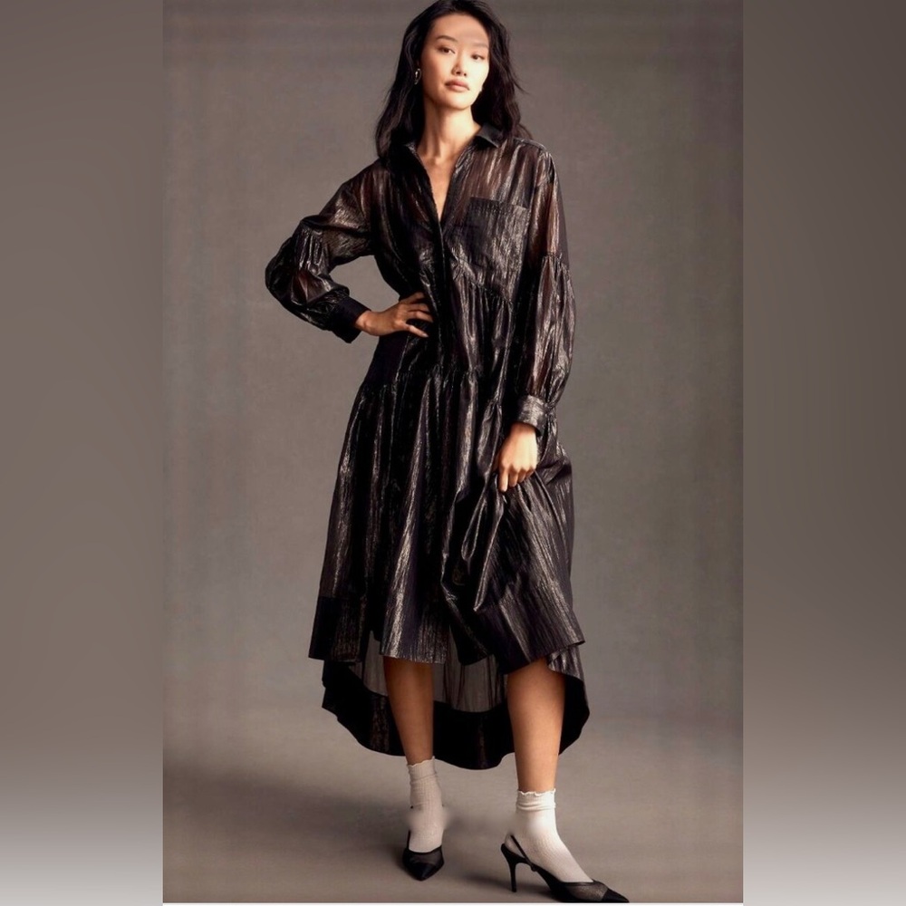 Anthropologie Pilcro Dress V Black Metallic Hi Lo Long Sleeve Midi Maxi S